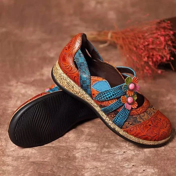 Ženské Jeden Sandále Jar Jeseň Retro British Kvet Kožené Kombinácie Spojov Farebné Princezná Prekladané Klin Ploché Topánky