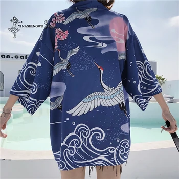 Ženské Kimono Žeriav Tlač Cardigan Japonský Oblečenie Tričko Haori Obi Yukata Žena Pláži v Lete Kimono Top Ženy Cosplay Tričko