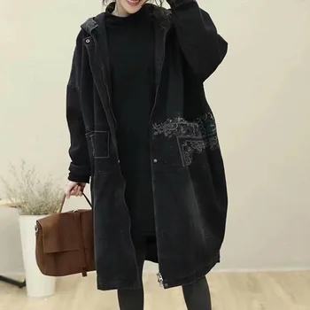 Ženské nové jesenné a zimné kórejský štýl plus plus veľkosť kabát literárny kapucňou, šitie zahusťovanie robiť-staré voľné denim priekopa