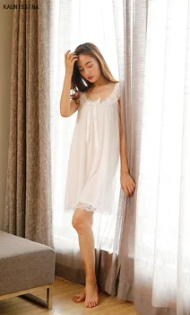Ženy Bavlna Nightgown Letnej Noci Šatka Šaty Bez Rukávov Tvaru Skladaný Voľné Čipky Princezná Nightdress Žena Sleepwear