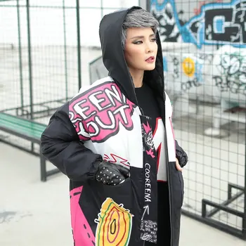 Ženy Bunda na Zips s Kapucňou Graffiti Tlač Vonkajšie Nosenie Hip Hop Hrubé Teplé Mäkké Bavlnené Čalúnená BF Veľkosť Voľné Zimné Kabát