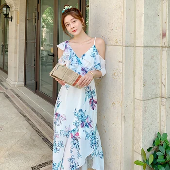 Ženy Dlho Šifón Kvetinové Šaty Letné 2020 Dráhy Elegantné Kórejský Fairy Party Noc Šaty Boho Tropické Pláži Dovolenku Šaty