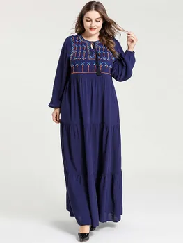 Ženy Dlhý Rukáv Točil Rayon Dlhé Šaty tmavo modré Výšivky Lete Moslimských Abaya Pohodlné Boho Šaty Vestidos Plus Veľkosti 4XL