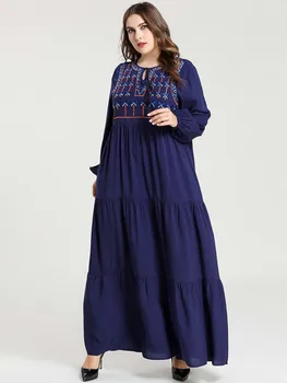 Ženy Dlhý Rukáv Točil Rayon Dlhé Šaty tmavo modré Výšivky Lete Moslimských Abaya Pohodlné Boho Šaty Vestidos Plus Veľkosti 4XL