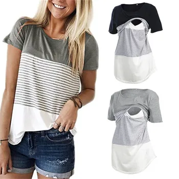 Ženy, Dojčiace Topy Pruhované tričko Krátky Rukáv Materskej Dojčenie Tee Plus Veľkosť S-2XL