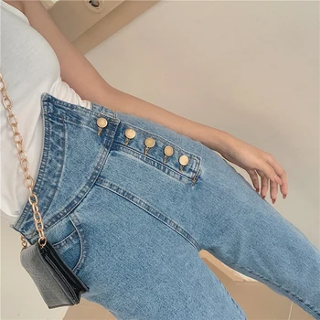 ženy džínsové nohavice svetlice tlačidlo plnej dĺžke bežné asymetrické modrá vysoký v strede zúžený ženy džínsy