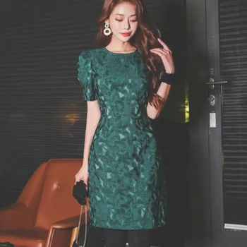Ženy Jarnej Zelenej žakárové Šaty 2020 kórejský módne Práce Bežné Krátky Rukáv Retro Štíhly A-line Party Šaty Vestidos