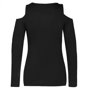 Ženy Jeseň Dlhý Rukáv Strappy Studenej Ramenný T-Shirt Topy T Shirt Ženy O-Neck Top Tees Feminina Camiseta WS9115C