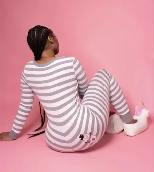 Ženy Jeseň Jar Bežné Dlhý Rukáv Jumpsuit Bodycon Nohavice Prúžok Trikot Playsuit Nohavice Sleepwear