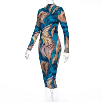 Ženy Jeseň Zima Luxusné Bodycon Midi Šaty Žien Elegantný Retro Modrá Slim Dizajn, Vysoká Kvalita Maľované Večer Party Šaty
