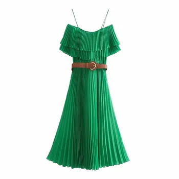 ženy lete kaskádové skladaný zelená za dlhé šaty s pásom 2020 módne dievča vysoký pás lomka krku šatka dlhé šaty femme