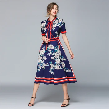 Ženy Lete-line Dlhé Šaty Nové 2020 Módne Vintage Kvetinový Tlač Krátky Rukáv Žena Bežné Elegantné Šaty Vestidos Mujer