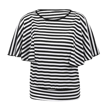 Ženy Letné T-shirt Kontrast Pruhy Vytlačené Krátke Batwing Rukáv Žena T Shirt Prehrabať Kolo Krku Voľné Bežné Kpop Topy Čierna
