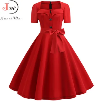 Ženy Letné Šaty Elegantné Retro Vintage 50. rokov 60-tych rokov, Župan Rockabilly Swing Dievčinu Bežné Šaty Plus Veľkosť Červená Strana Vestidos