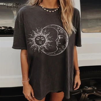 Ženy Móda Bežné Sun Moon Tlač Voľné Krátky Dlhý Rukáv T-shirt Iny Vintage Ženy 2020 Lete Nadrozmerná Tee Košele, Topy