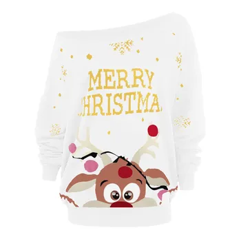 Ženy Móda jednofarebné tričká Vianočné Tlač Dlhý Rukáv Straplescollar T-shirt Top Harajuku Kawaii Žena Tshirts Футболки