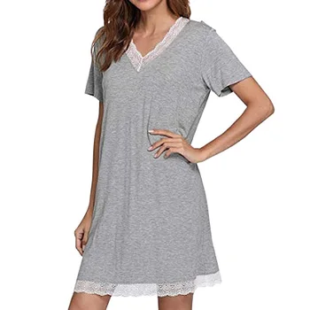 Ženy Nightgowns Bavlna Modálne Lete Pevné Čipky Spájať tvaru Krátky Rukáv Noc Šaty, spodná Bielizeň Ženy Nočná Košeľa Sleepshirts
