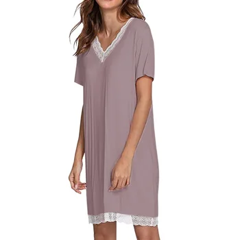 Ženy Nightgowns Bavlna Modálne Lete Pevné Čipky Spájať tvaru Krátky Rukáv Noc Šaty, spodná Bielizeň Ženy Nočná Košeľa Sleepshirts