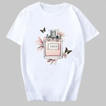 Ženy Oblečenie Print T Shirt Kvet Parfum Fľašu Sladké Krátky Rukáv T shirt Harajuku Žena T-shirt Móde Top Bežné Žena Tee