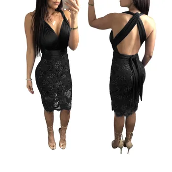 Ženy Okolo roku 2019 letné šaty Hlboké V-neck Sexy Party Šaty Plus veľkosť Black Backless