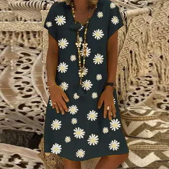 Ženy Plus Veľkosť Šaty Kvetinový Tlač tvaru Krátky Rukáv Voľné Mini Ša Bežné Daisy Vintage Strany Krátke Šaty Župan 2020