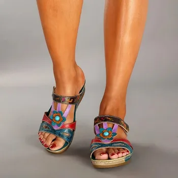 Ženy Podpätky Sandále, Papuče Etnických Kvet Sandále Žena Letné Topánky Bežné Pláže Topánky Flip Flop Chaussures Femme Platforma