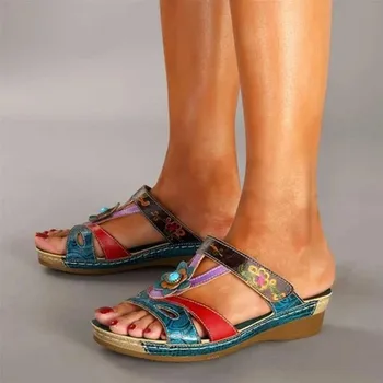 Ženy Podpätky Sandále, Papuče Etnických Kvet Sandále Žena Letné Topánky Bežné Pláže Topánky Flip Flop Chaussures Femme Platforma