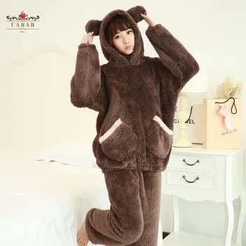 Ženy Pyžamo Zahustiť Teplé Medveď Nightgowns pre Dospievajúce Dievčatá Sleepwear Zimné Bežné Roztomilý Ucho Voľné Módy Nové Ženské oblečenie pre voľný čas