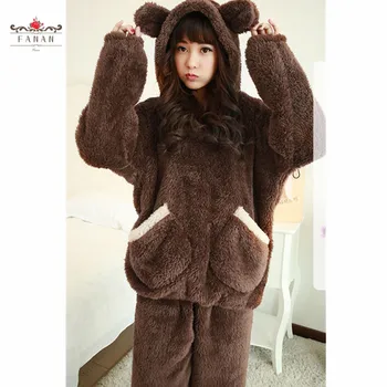 Ženy Pyžamo Zahustiť Teplé Medveď Nightgowns pre Dospievajúce Dievčatá Sleepwear Zimné Bežné Roztomilý Ucho Voľné Módy Nové Ženské oblečenie pre voľný čas