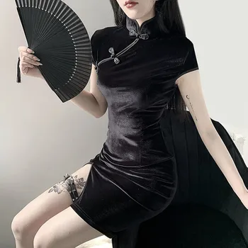 Ženy Retro Goth Tmavé Vintage Cheongsam Velet Mini Šaty Elegantné, Sexy Čínsky Štýl Gothic Solid Black Party Šaty Qipao