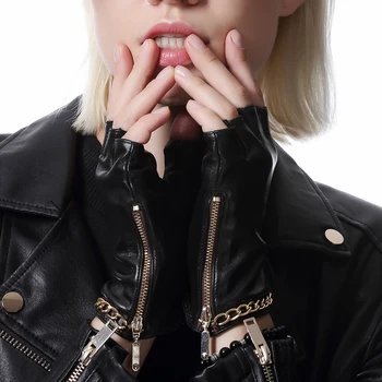ženy reťazca pol prsta bezprstové s zips baránok pokožky reálnom kožené rukavice čierne