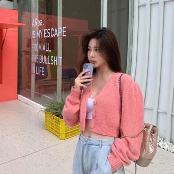 Ženy Ružová Vesty Sveter Kórejský Voľné Singel Svojim Pletený Sveter Knitwear Zimná Bunda, Kabát Outwear