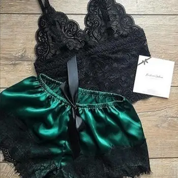Ženy Sexy Satin Pajama Čiernej Čipky tvaru Sleepwear Pyžamá pre Dámy bez Rukávov Roztomilý Cami Top A Šortky