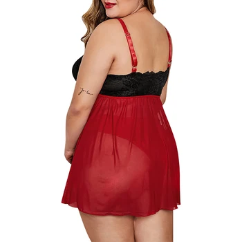 Ženy Sexy Čipka Patchwork Nightdress Ženskej Módy L-5XL Plus Veľkosť Black Red Tylu Nightgown Dámy 2 ks Pyžamo D30