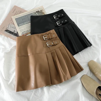 Ženy Skladaný Mini Sukne Pu Kožené Kórejský Harajuku A-Line Vysoký Pás Gotický Sukne Streetwear