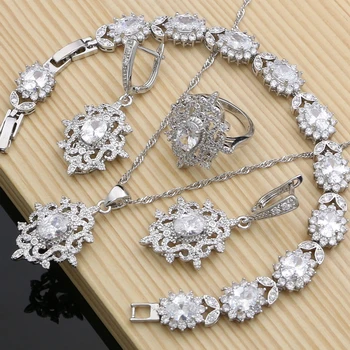 Ženy Svadobný Náhrdelník Nastaviť 925 Silver Šperky Sady Bielymi Zirkónmi Náušnice Kameň Náramok Darčeky pre Ženy Dropshipping
