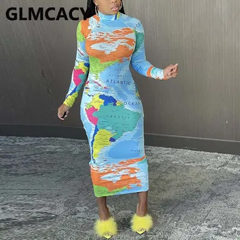 Ženy Sveta Mape Vytlačené Slim Maxi Šaty, Elegantný Dlhý Rukáv Večierok Ceruzka Dlhé Šaty Župan