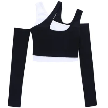 Ženy T-2 ks tričká s Dlhým rukávom Kontrast farieb Tenký Pulóver Jeseň jar Oblečenie Nepravidelný Štýlový Bežné Vesta+Čaj topy 2020