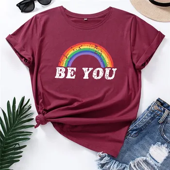 Ženy T-Shirt S-5XL Plus Veľkosť Tričko Sa Vám Písmeno Rainbow Tlače Tričko Bavlna Ženy Košele O Krk Krátkym Rukávom Letné Topy