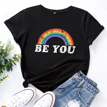 Ženy T-Shirt S-5XL Plus Veľkosť Tričko Sa Vám Písmeno Rainbow Tlače Tričko Bavlna Ženy Košele O Krk Krátkym Rukávom Letné Topy