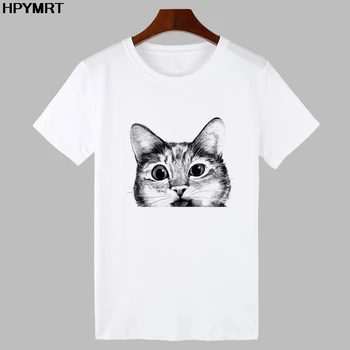 Ženy T-shirts Mačka sa pozerá na vás Tlačených Topy Tee 2020 Nové Letné Žena tričko Krátky Rukáv Bežné Harajuku Tričko Oblečenie