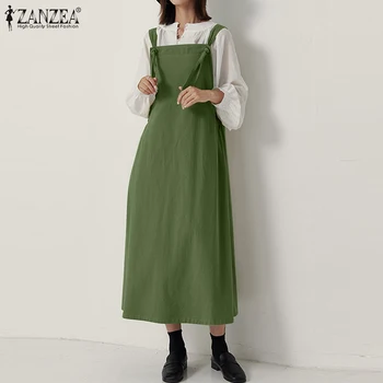 Ženy to na Jeseň Sundress ZANZEA 2021 Vintage Bielizeň Celkovo Šaty Príčinné Podväzkové Maxi Vestidos Žena Pevné Šaty Plus Veľkosť 5XL