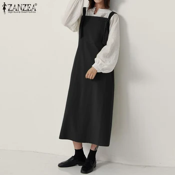 Ženy to na Jeseň Sundress ZANZEA 2021 Vintage Bielizeň Celkovo Šaty Príčinné Podväzkové Maxi Vestidos Žena Pevné Šaty Plus Veľkosť 5XL