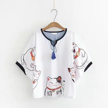 Ženy tričko Kreslených Mačka tlače Šnúrkou Femme Čínsky Štýl, Batwing Rukáv, Krátke Voľné Letné Topy Tee YUPINCIAGA