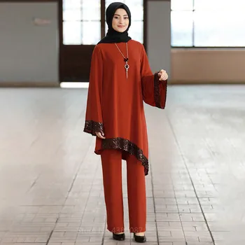 Ženy v Moslimských Sady 2Pc Flitrami Šaty Čipky Nohavice 2020 Módne Islamské Oblečenie Nepravidelný Sukne Plné Rukáv, Dlhé Šaty Elegantná Dáma