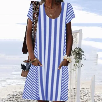 Ženy Vintage Blue Príležitostné Letné Kvetinové Tlač tvaru Krátky Rukáv Šaty Nadrozmerné Koleno Dĺžke Vysoký Pás Šaty #LR4