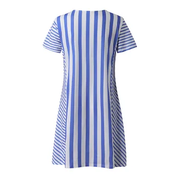 Ženy Vintage Blue Príležitostné Letné Kvetinové Tlač tvaru Krátky Rukáv Šaty Nadrozmerné Koleno Dĺžke Vysoký Pás Šaty #LR4