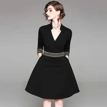 Ženy, Vintage Šaty 2018 Jar Jeseň Fashion 3/4 Rukávy Black Party Šaty Dámske Elegantné V Krku Office Nosenie Župan