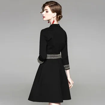 Ženy, Vintage Šaty 2018 Jar Jeseň Fashion 3/4 Rukávy Black Party Šaty Dámske Elegantné V Krku Office Nosenie Župan