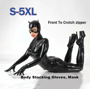 Ženy Wetlook Kožené Sexy Catsuit Catwoman Kostým Mačka Maska Gumy Kombinézu Elastická Otvorené Rozkroku Ropa sexy para el sexo